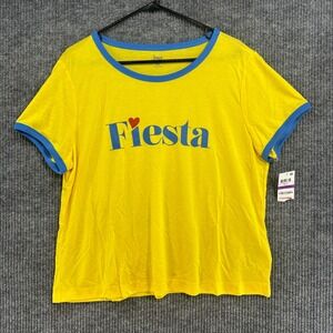 Jenni Fiesta Ringer Tee Women XXL Yellow Blue New Graphic Short Sleeve T-Shirt